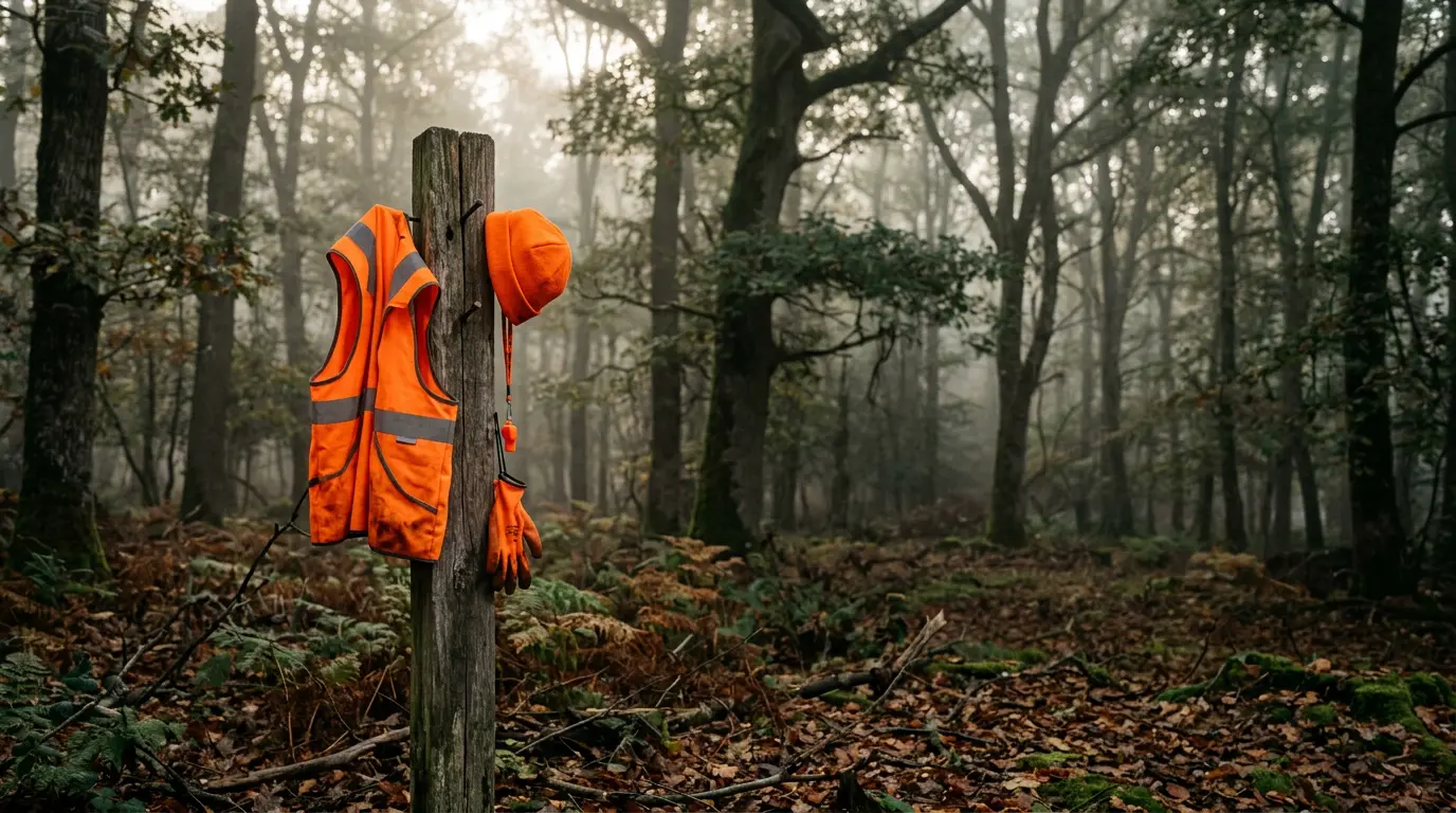 Vue rapprochée d'un équipement de sécurité orange fluorescent pour battue au grand gibier dans une forêt française