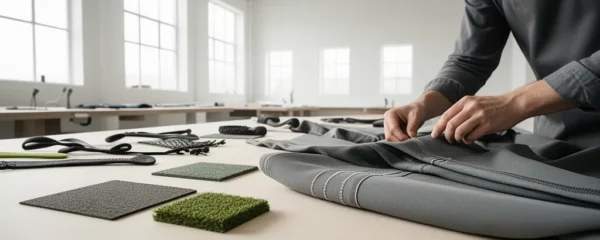 Expert en équipement sportif examinant la qualité des matériaux durables dans un atelier lumineux