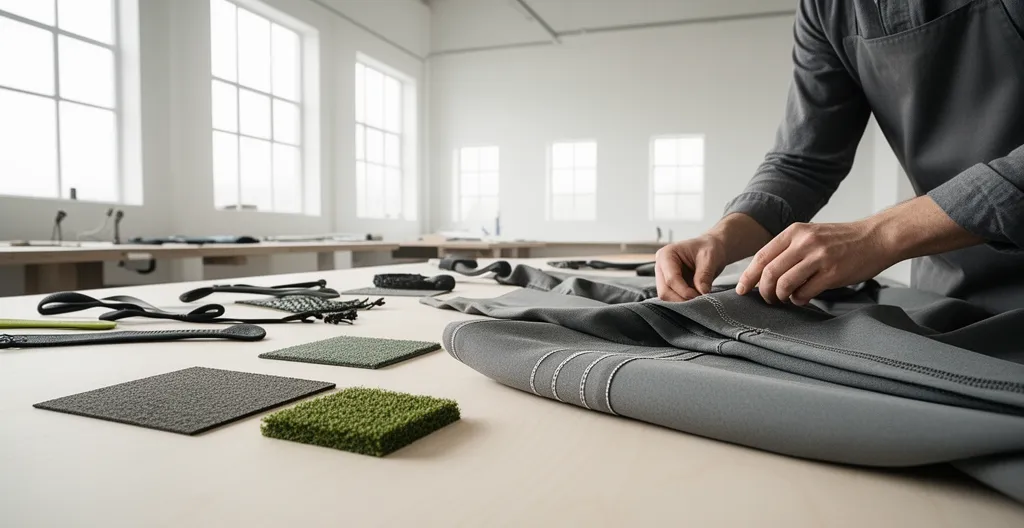 Expert en équipement sportif examinant la qualité des matériaux durables dans un atelier lumineux