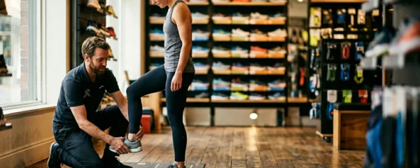 Analyse experte de la foulée d'un coureur en boutique spécialisée de running