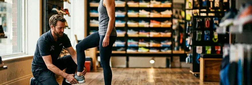 Analyse experte de la foulée d'un coureur en boutique spécialisée de running