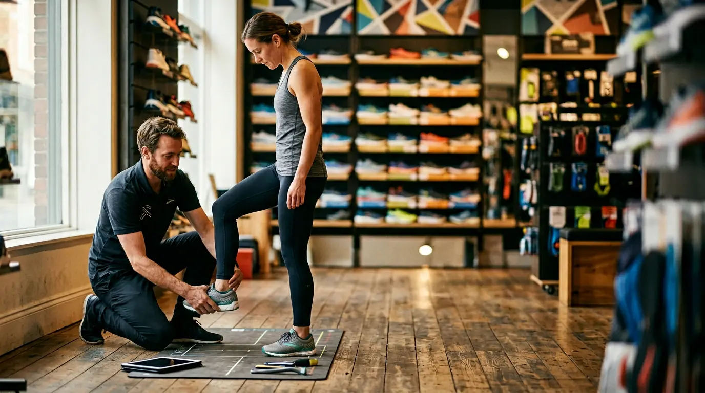 Analyse experte de la foulée d'un coureur en boutique spécialisée de running