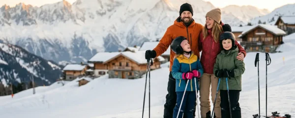 Famille heureuse faisant du ski ensemble dans une station de montagne française avec des équipements colorés