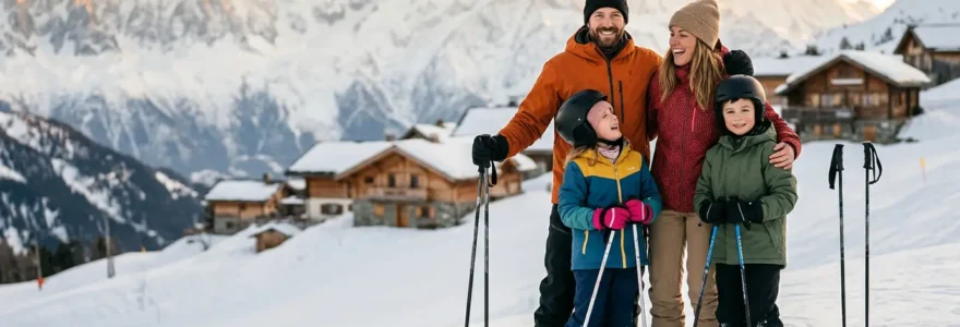 Famille heureuse faisant du ski ensemble dans une station de montagne française avec des équipements colorés