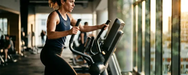 Femme utilisant un vélo elliptique dans une salle de sport moderne, captée en mouvement dynamique