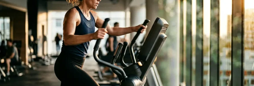 Femme utilisant un vélo elliptique dans une salle de sport moderne, captée en mouvement dynamique