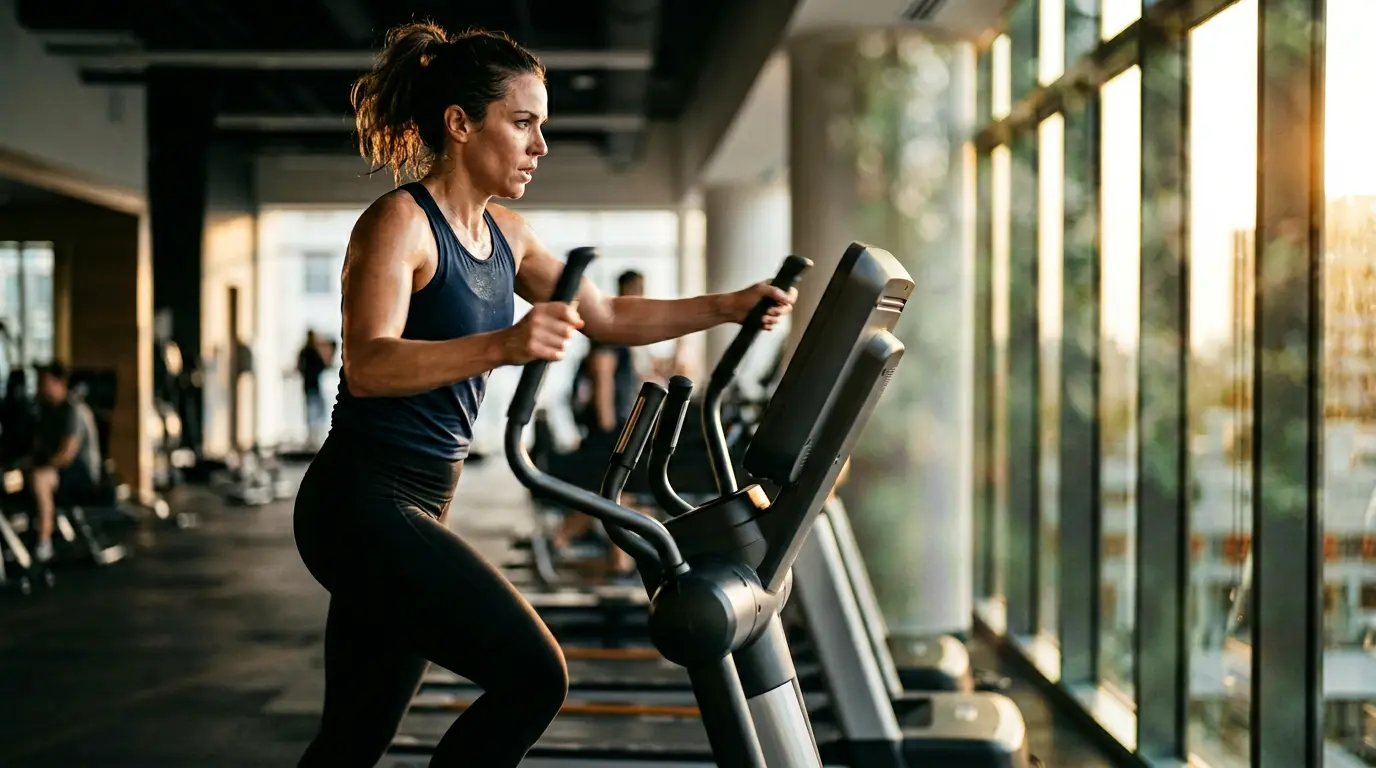 Femme utilisant un vélo elliptique dans une salle de sport moderne, captée en mouvement dynamique