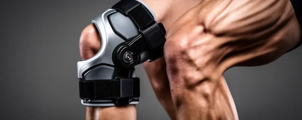 Vue détaillée d'un genou de sportif avec genouillère et mise en évidence des muscles quadriceps pour illustrer l'équilibre entre protection et atrophie musculaire
