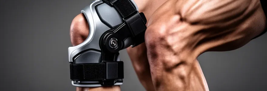 Vue détaillée d'un genou de sportif avec genouillère et mise en évidence des muscles quadriceps pour illustrer l'équilibre entre protection et atrophie musculaire