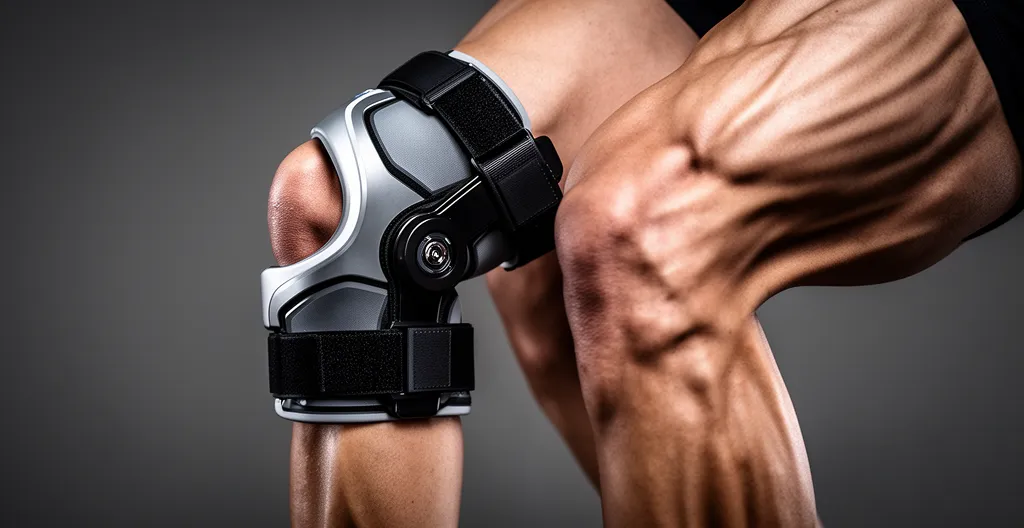 Vue détaillée d'un genou de sportif avec genouillère et mise en évidence des muscles quadriceps pour illustrer l'équilibre entre protection et atrophie musculaire