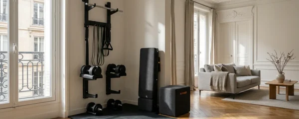 Espace home gym minimaliste intégré dans un salon contemporain avec équipements de musculation rangés verticalement