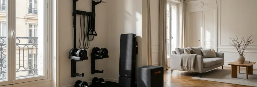Espace home gym minimaliste intégré dans un salon contemporain avec équipements de musculation rangés verticalement