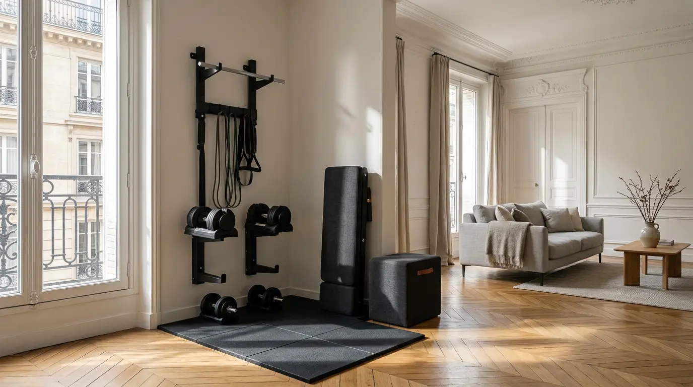 Espace home gym minimaliste intégré dans un salon contemporain avec équipements de musculation rangés verticalement