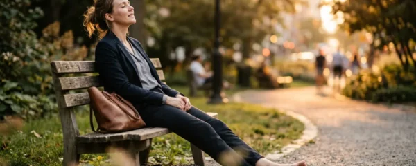 Personne assise sur un banc en fin de journée de travail avec chaussures posées à côté et jambes allongées