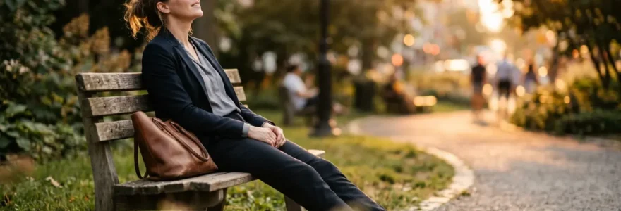Personne assise sur un banc en fin de journée de travail avec chaussures posées à côté et jambes allongées