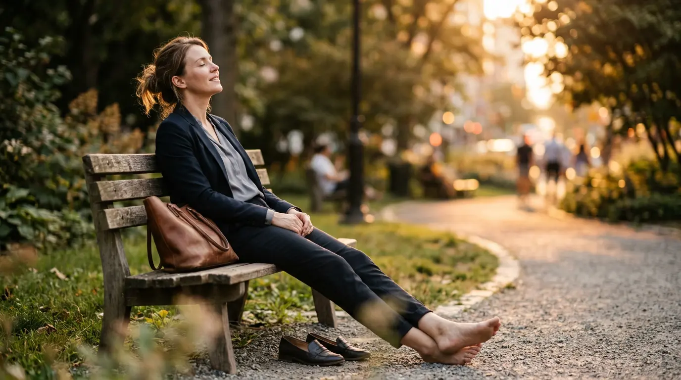 Personne assise sur un banc en fin de journée de travail avec chaussures posées à côté et jambes allongées
