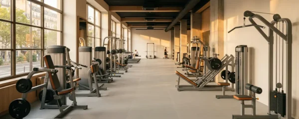 Vue large d'une salle de musculation moderne avec machines guidées et ambiance accueillante pour débutants