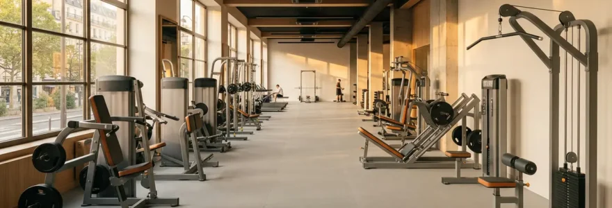 Vue large d'une salle de musculation moderne avec machines guidées et ambiance accueillante pour débutants