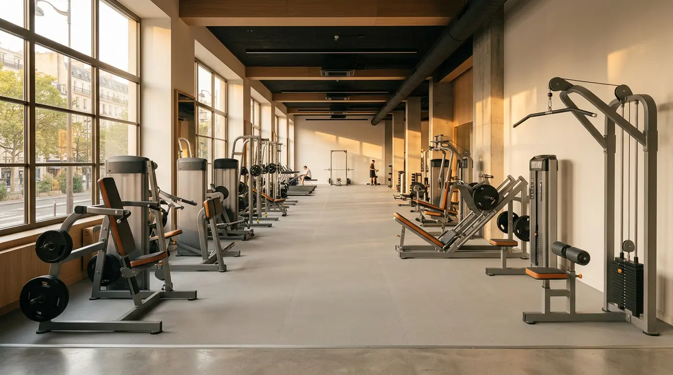Vue large d'une salle de musculation moderne avec machines guidées et ambiance accueillante pour débutants