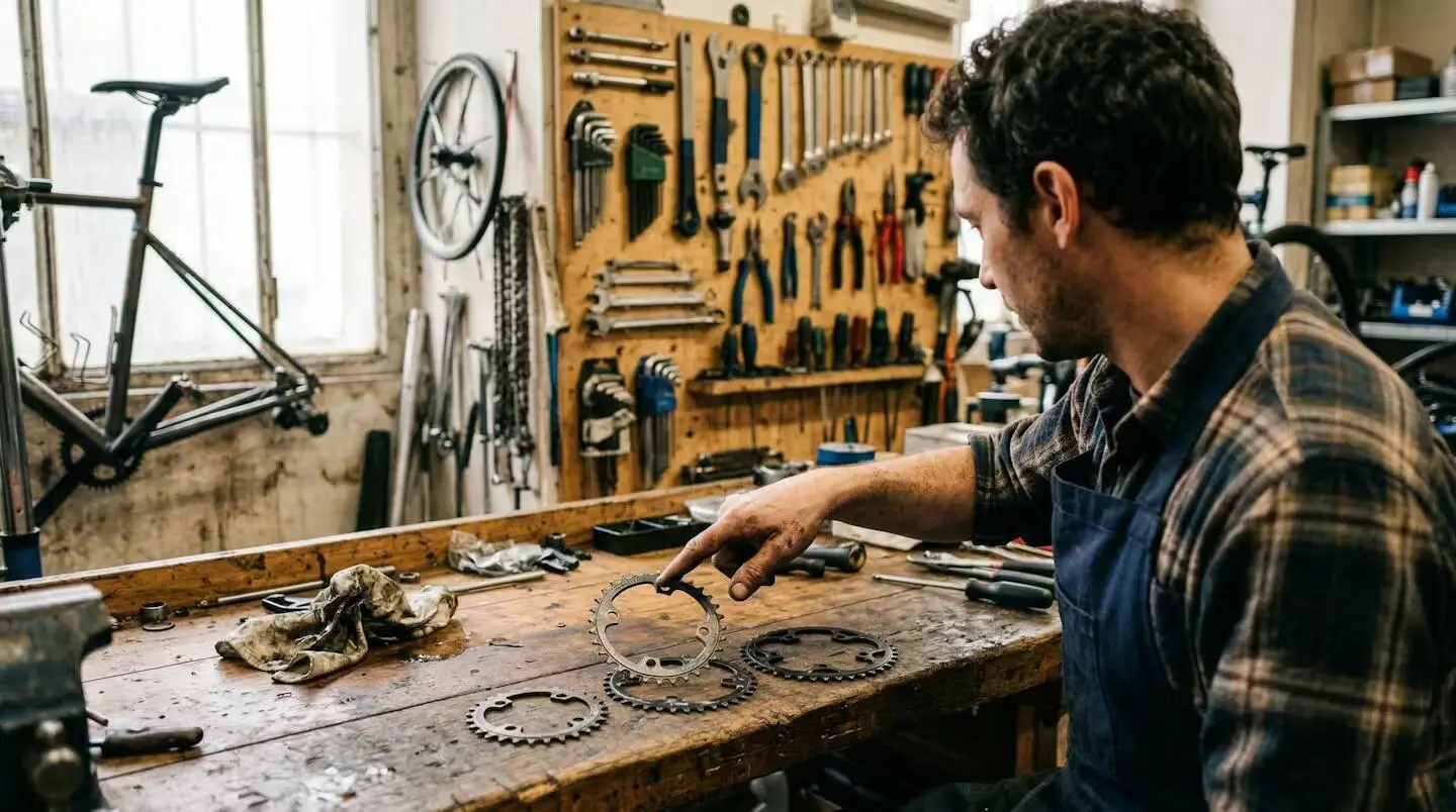 Mécanicien vélo présentant trois plateaux de tailles différentes sur un établi d'atelier