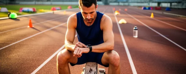 Sportif analysant les données de sa montre connectée après un entraînement sur piste d'athlétisme