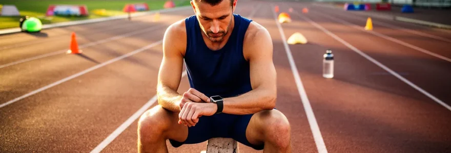 Sportif analysant les données de sa montre connectée après un entraînement sur piste d'athlétisme