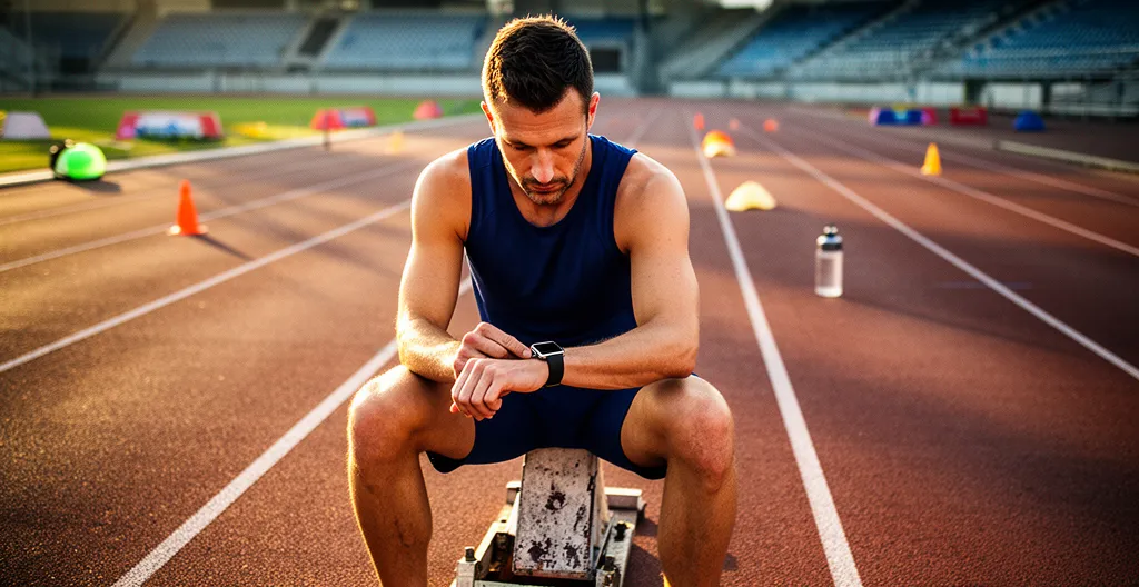 Sportif analysant les données de sa montre connectée après un entraînement sur piste d'athlétisme