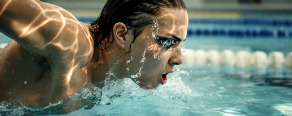 Nageur en plein effort de crawl montrant une technique de respiration latérale dans une piscine