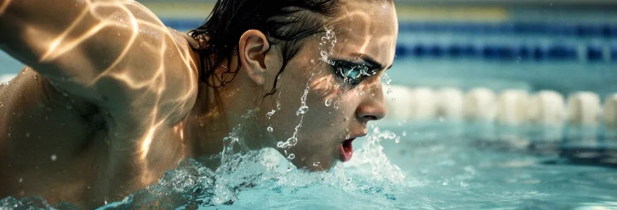 Nageur en plein effort de crawl montrant une technique de respiration latérale dans une piscine