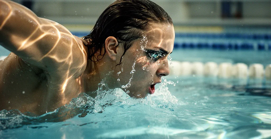 Nageur en plein effort de crawl montrant une technique de respiration latérale dans une piscine