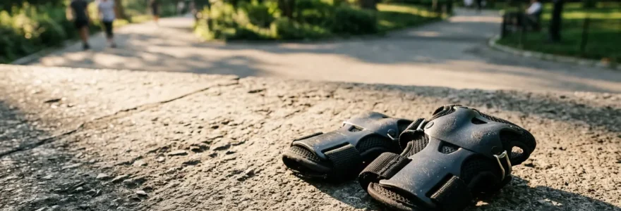 Protège-poignets de roller sur surface urbaine avec lumière dorée