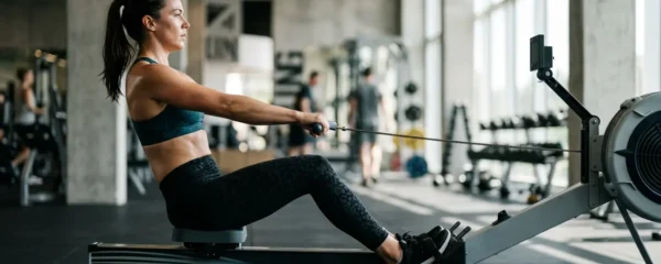 Personne utilisant un rameur avec une posture parfaite dans une salle de sport lumineuse