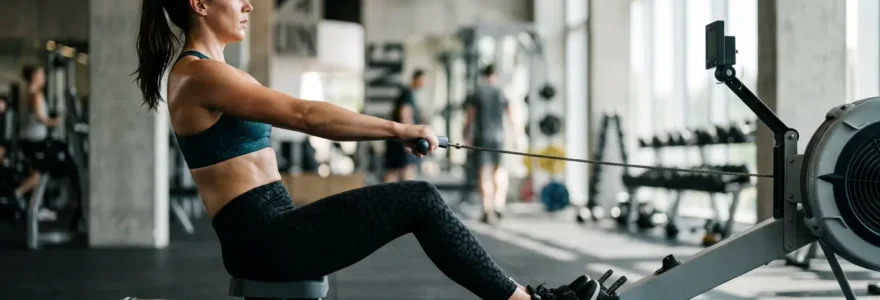 Personne utilisant un rameur avec une posture parfaite dans une salle de sport lumineuse
