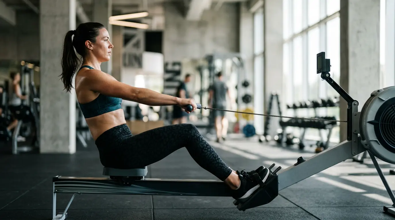Personne utilisant un rameur avec une posture parfaite dans une salle de sport lumineuse