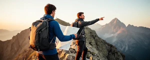 Randonneurs consultant une carte IGN au sommet d'une crête montagneuse dans les Alpes françaises