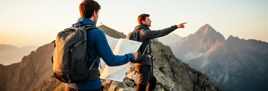 Randonneurs consultant une carte IGN au sommet d'une crête montagneuse dans les Alpes françaises