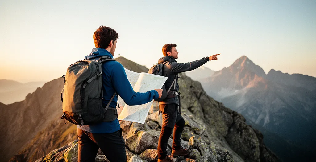 Randonneurs consultant une carte IGN au sommet d'une crête montagneuse dans les Alpes françaises