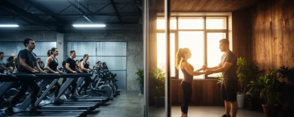Comparaison visuelle entre une salle de sport low-cost bondée et un studio de coaching personnalisé