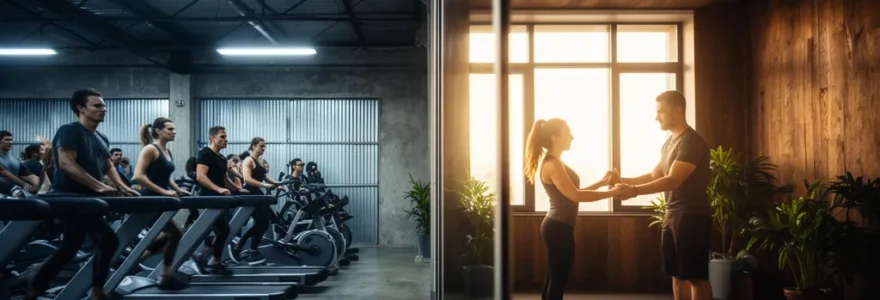 Comparaison visuelle entre une salle de sport low-cost bondée et un studio de coaching personnalisé