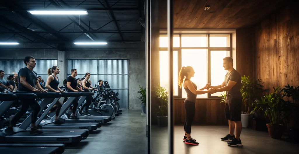 Comparaison visuelle entre une salle de sport low-cost bondée et un studio de coaching personnalisé