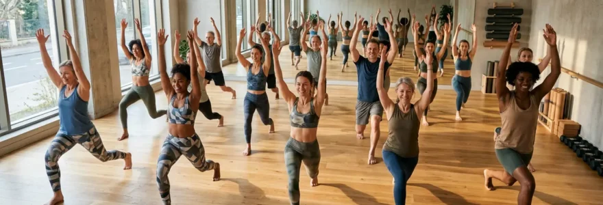 Vue dynamique d'un cours collectif en salle de sport avec des participants motivés suivant ensemble les mouvements du coach