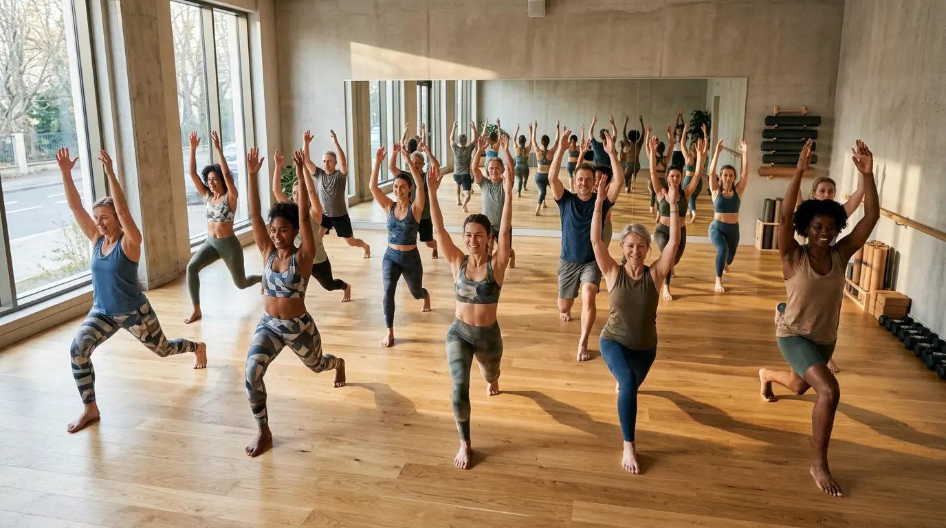 Vue dynamique d'un cours collectif en salle de sport avec des participants motivés suivant ensemble les mouvements du coach