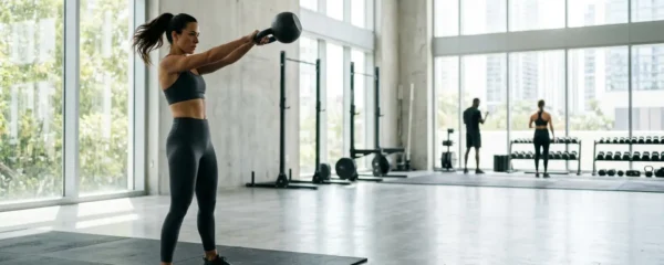 Personne en tenue de sport effectuant un exercice de fitness dynamique dans une salle lumineuse