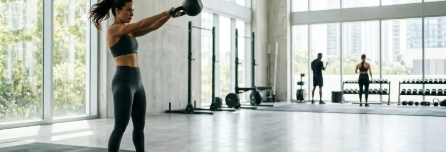 Personne en tenue de sport effectuant un exercice de fitness dynamique dans une salle lumineuse