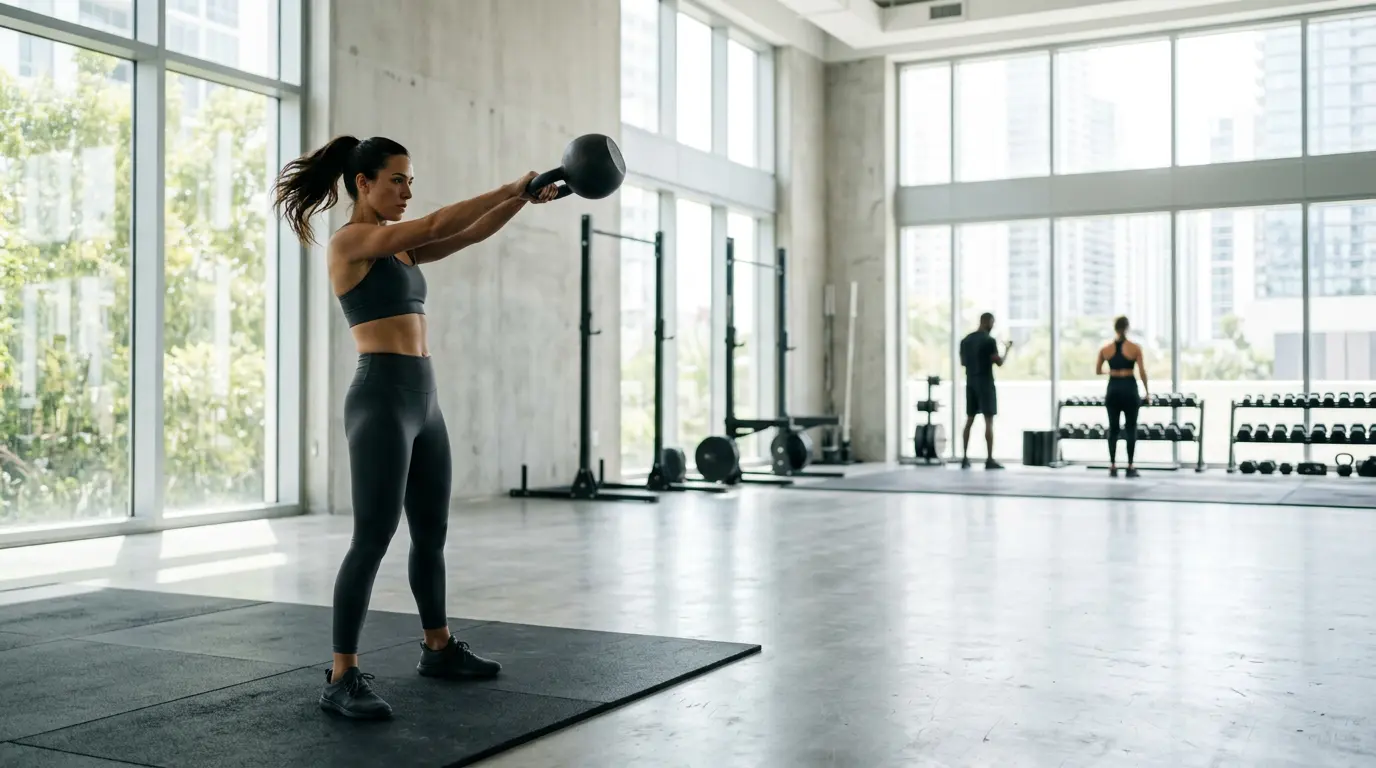 Personne en tenue de sport effectuant un exercice de fitness dynamique dans une salle lumineuse