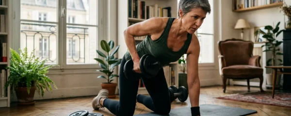 Personne de plus de 50 ans pratiquant la musculation à domicile dans un salon français lumineux