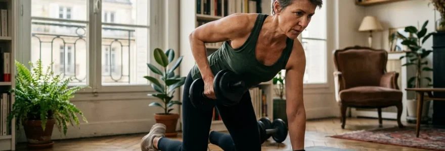 Personne de plus de 50 ans pratiquant la musculation à domicile dans un salon français lumineux