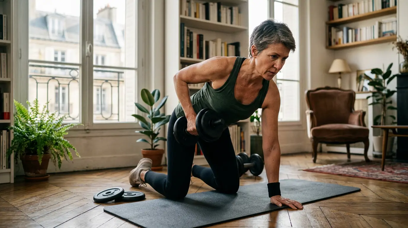 Personne de plus de 50 ans pratiquant la musculation à domicile dans un salon français lumineux