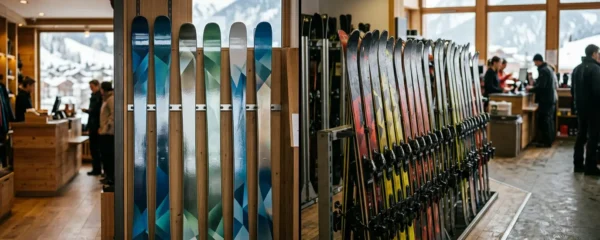 Skis en boutique et matériel de location côte à côte dans une station de montagne française