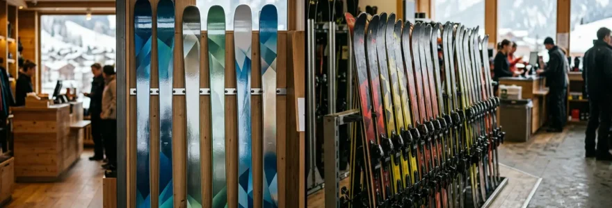 Skis en boutique et matériel de location côte à côte dans une station de montagne française